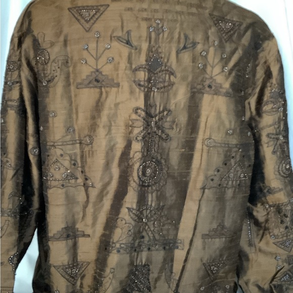 Chico’s Design 100% Silk Embroidery Blazer Jacket Size 2 (Large) Brown Beaded - Picture 4 of 9